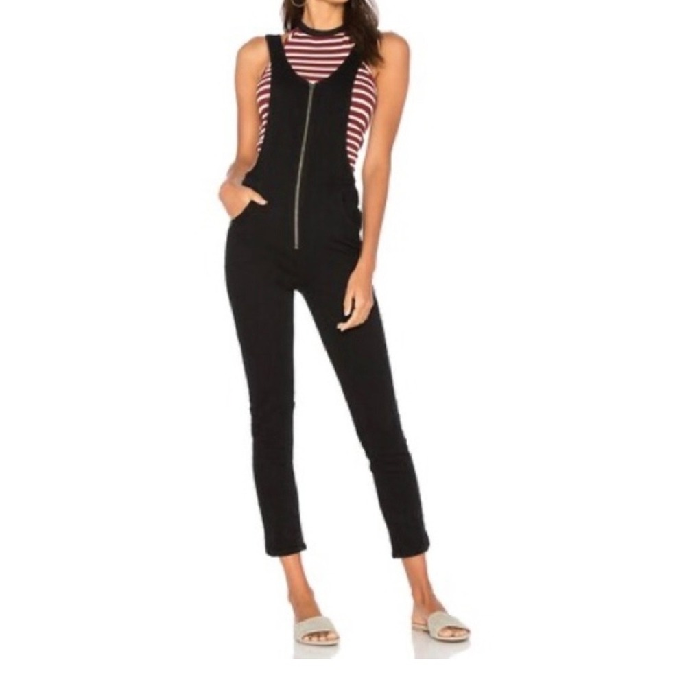 Free People Womens Jax Denim Overalls 6 Slim Leg Zip Front Stretch Black Boho
